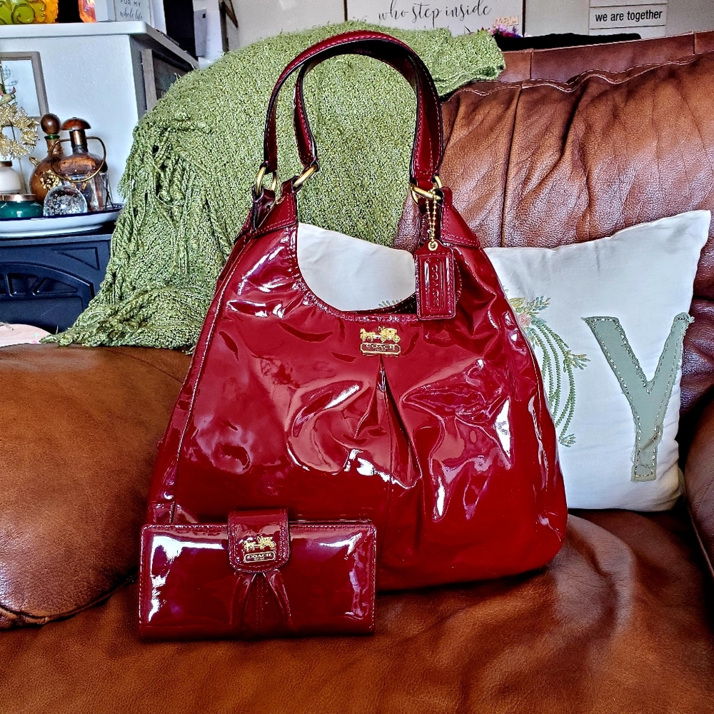 Coach Crimson Patent Leather Maggie bag with matching Wallet